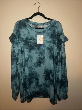 LuLaRoe Brielle Teal & Dark Teal Tie-Dye Ruffle Long Sleeve Top